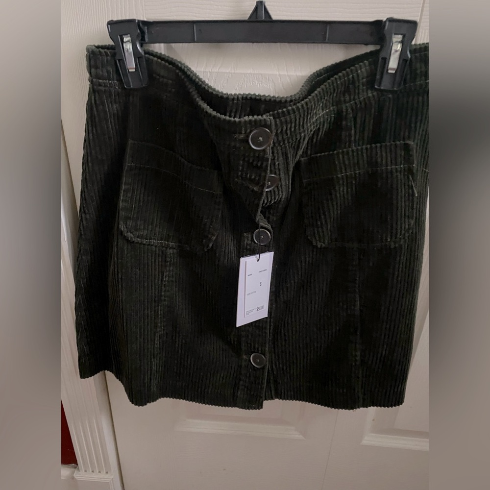 Skirt, button down, size 6, dark green, cotton corduroy. Brand new with tags.